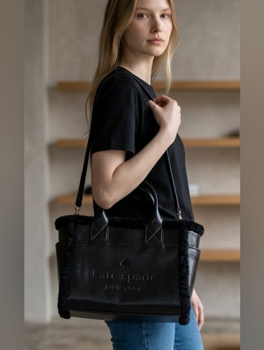 Kate Spade ♠️ black Jett Faux fur Shearling Small Tote bag
